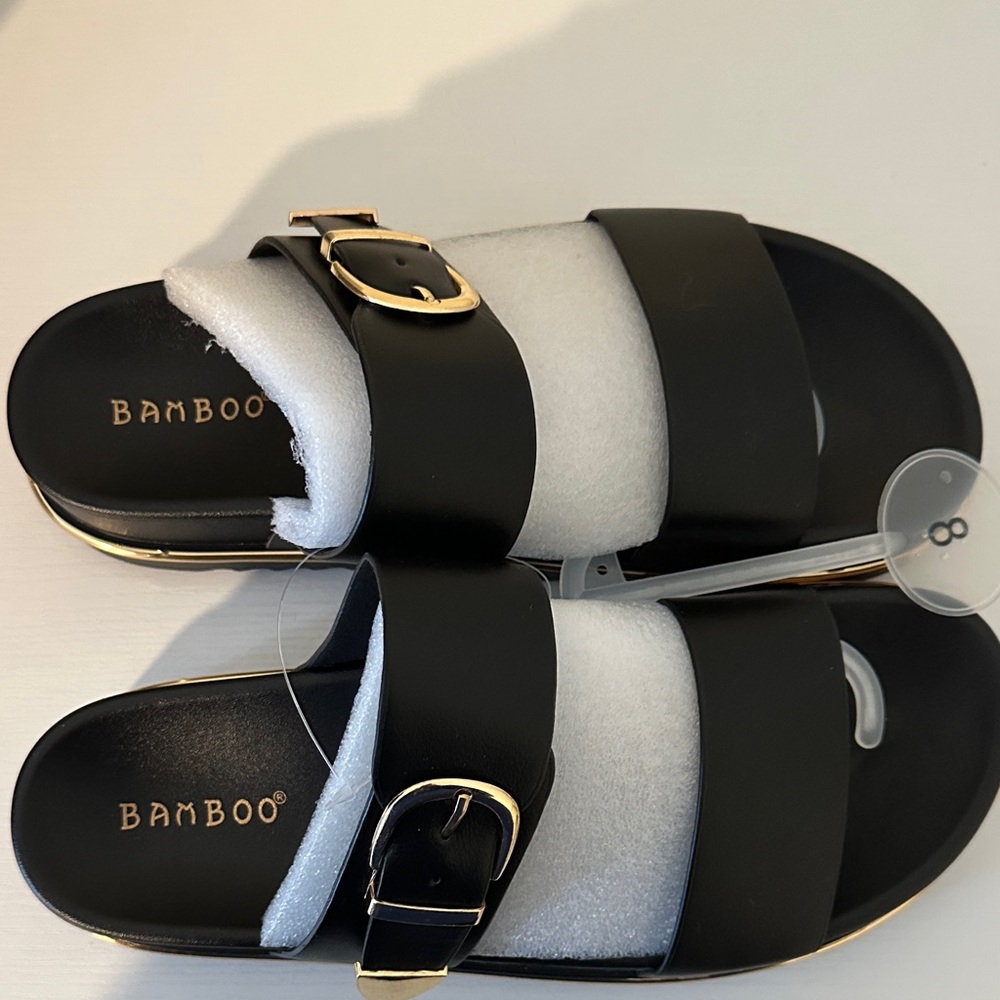 BAMBOO Women's Black Sandals with Gold Buckles